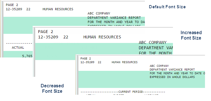 Screenshot showing default, increased and decreased font sized in the PageMart Viewer